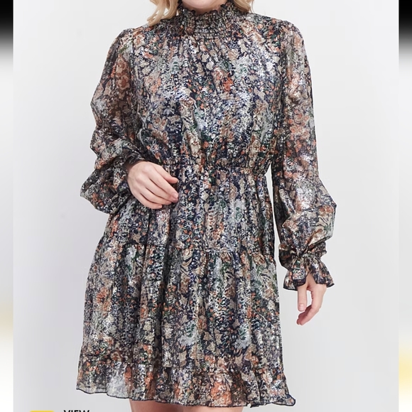 ◇◇ O.P.T. Metallic Print High Neck Navy Mini Dress Size Medium NWT - Picture 1 of 10